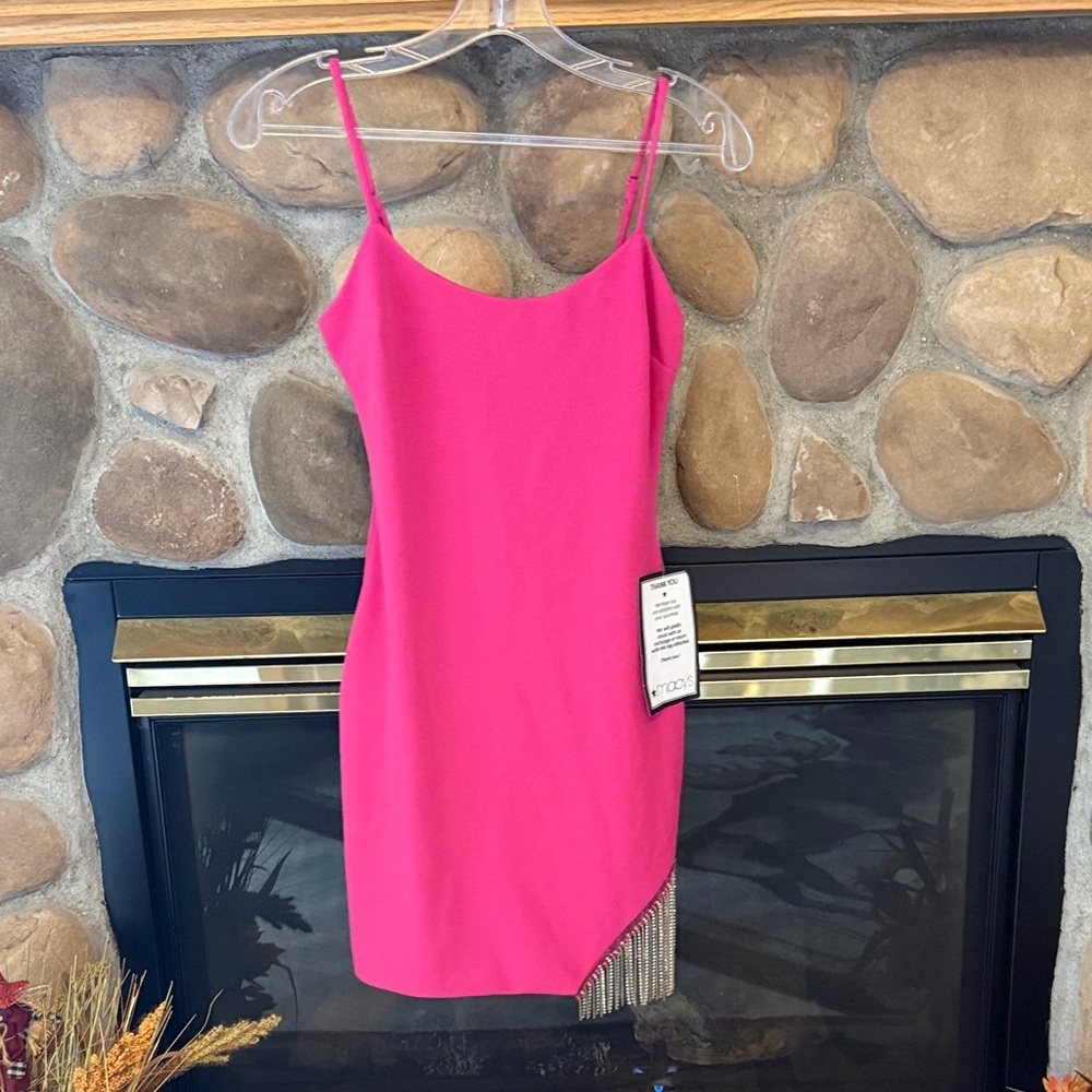 Junior’s City Studio Vibrant Pink Asymmetrical Dress with Rhinestone Trim